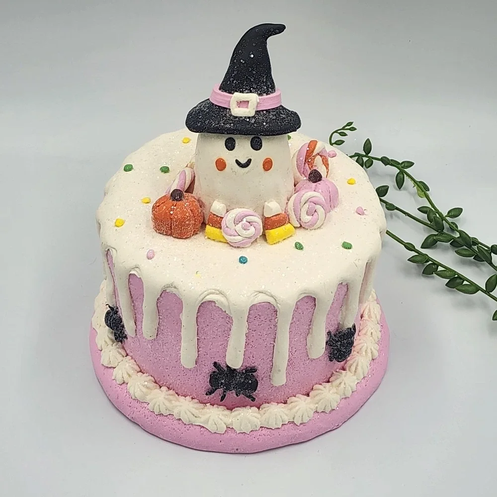 Halloween Gingerbread Faux Cake Pink Ghost Witch Hat Candy Pumpkins Spiders 8